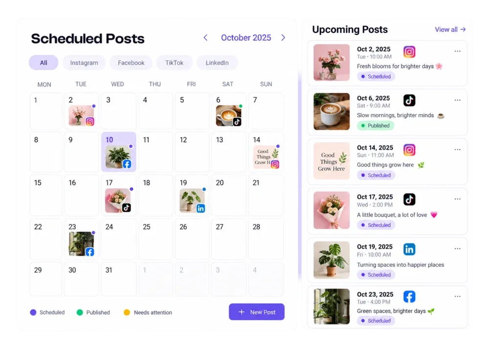 A monthly posting calendar with scheduled posts
