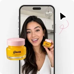 A phone showing an AI-generated UGC video presenting a skincare product