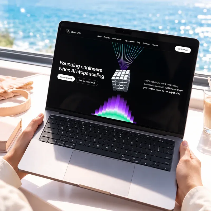 A laptop showing a LayerProof-made website on a sunny table